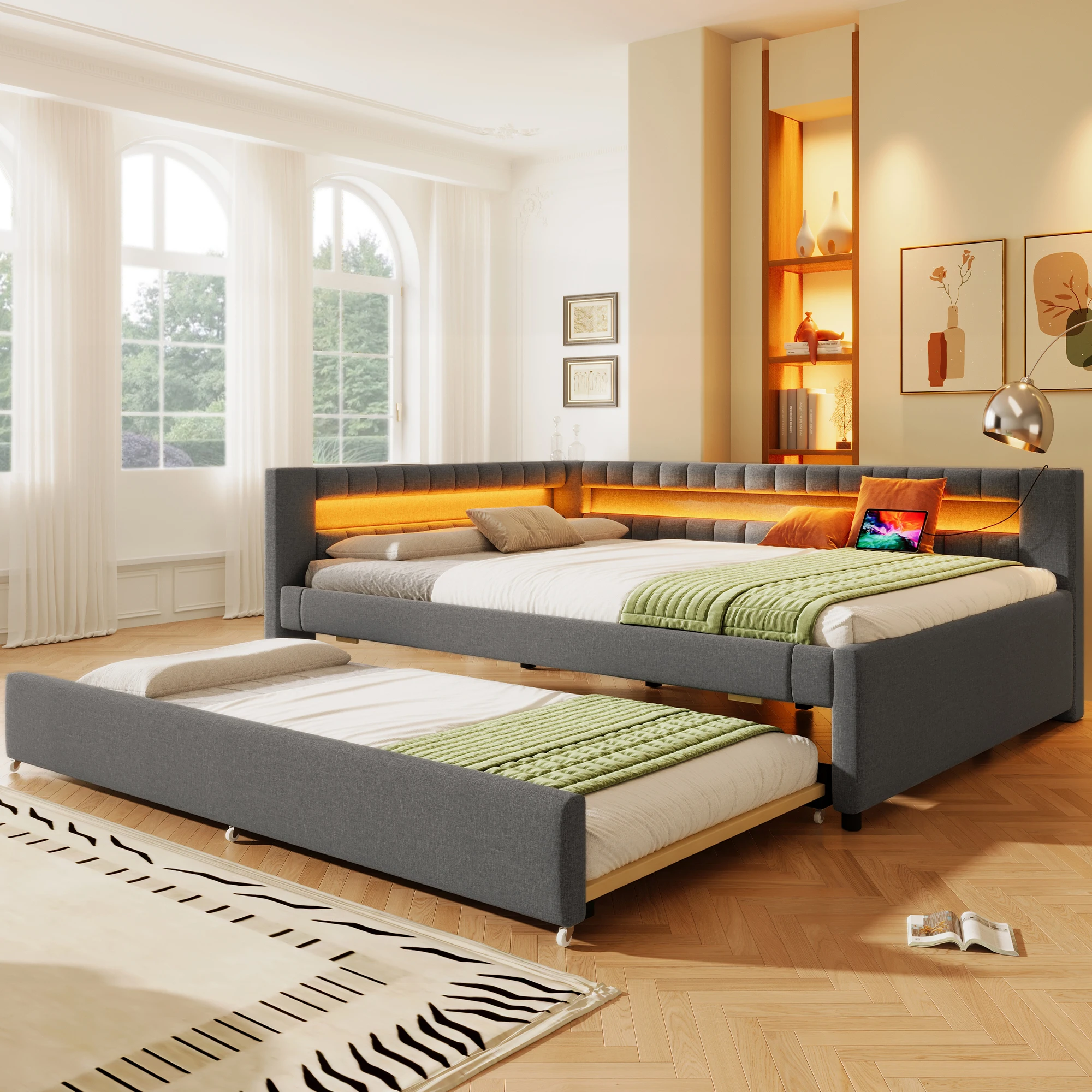 Tagesbett 2 Personen, Ausziehbett, LED, USB und Typ-C, 140×200 cm und 90×190 cm, Leinen Grau Image