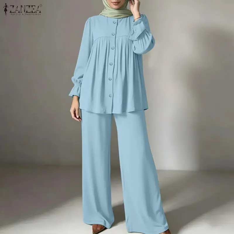 Muslimische Damen 2-teilige Sets 2026 ZANZEA Eleganter Lässiger O-Ausschnitt Langarm-Oberteil Hosenanzug Ramadan-Outfits Einfarbiger Hijab Trainingsanzug Image