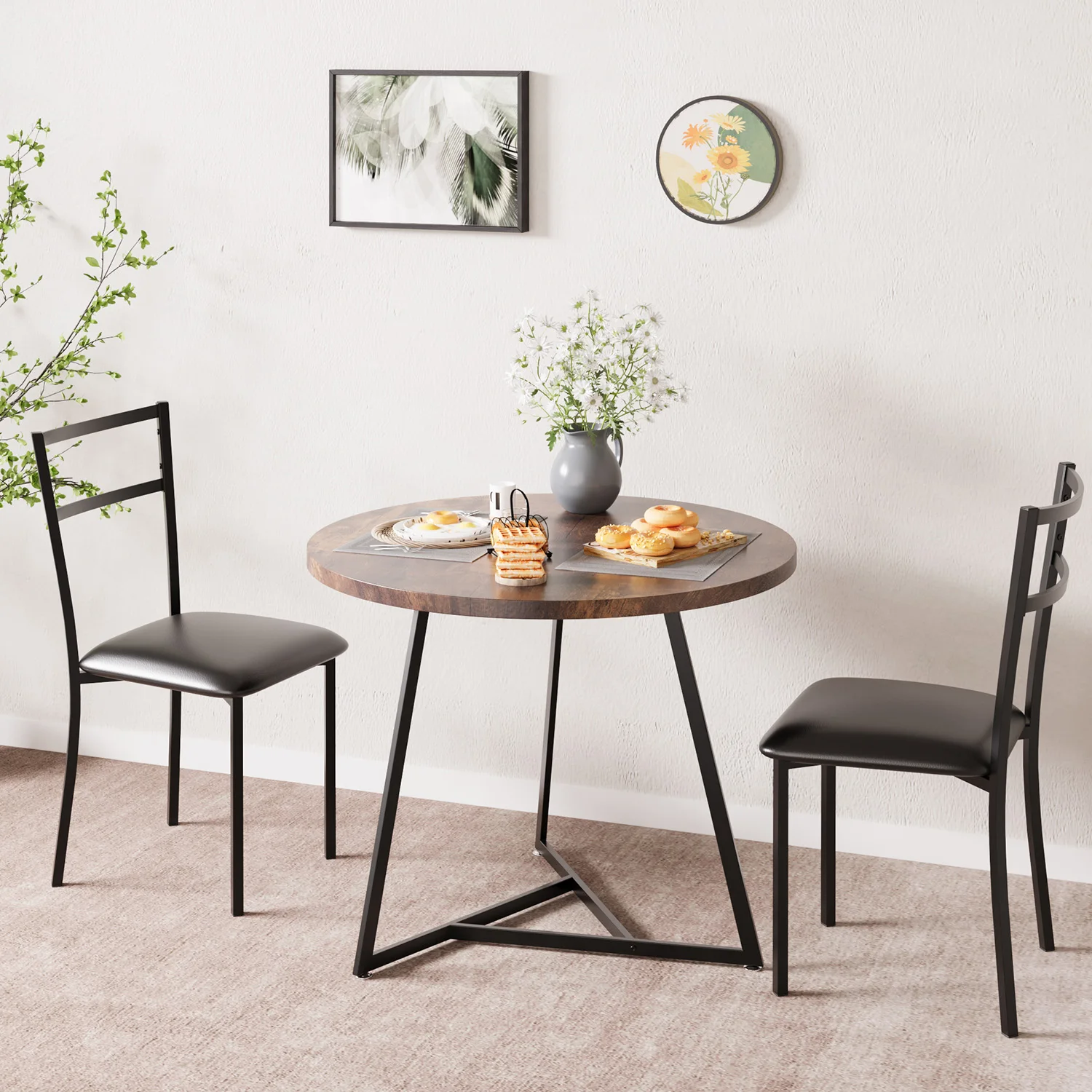 3-teiliges rundes Esstisch-Set für 2 Personen – Moderne Küchen- und Esszimmermöbel – PU-Polsterstühle, platzsparender Tisch – Ideal für kleine Wohnungen, Frühstücksecke, Lounge, Empfangsbereich