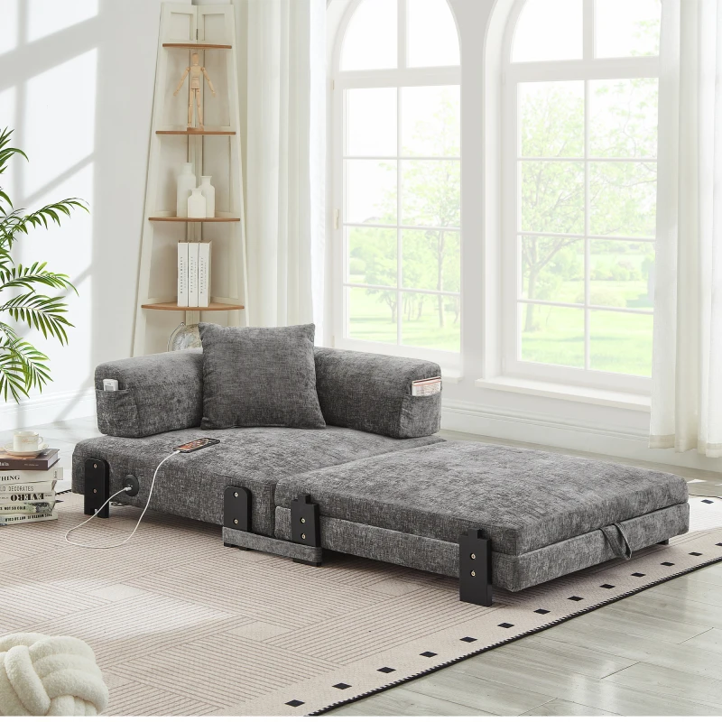 2-in-1 Klappsofa mit Schlaffunktion & USB/Typ-C-Anschluss & Stauraum, Kompaktes Schlafsofa mit Armlehnen für Kleine Räume, Gästezimmer & Loft - Beige DUNKELGRAU, Sofa, Couch, Wohnzimmersofa,
