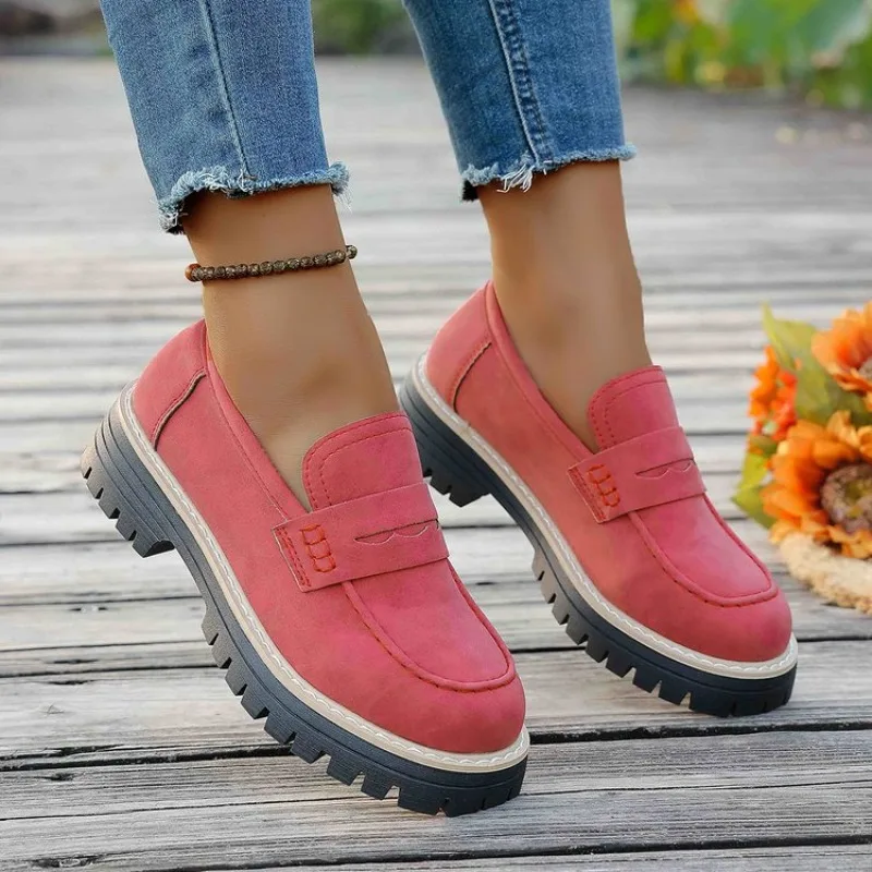 Frühling Herbst Damen Casual Loafer mit Dicker Sohle Große Größen Retro Britischer Stil Flacher Absatz Bequeme Atmungsaktive Lederschuhe