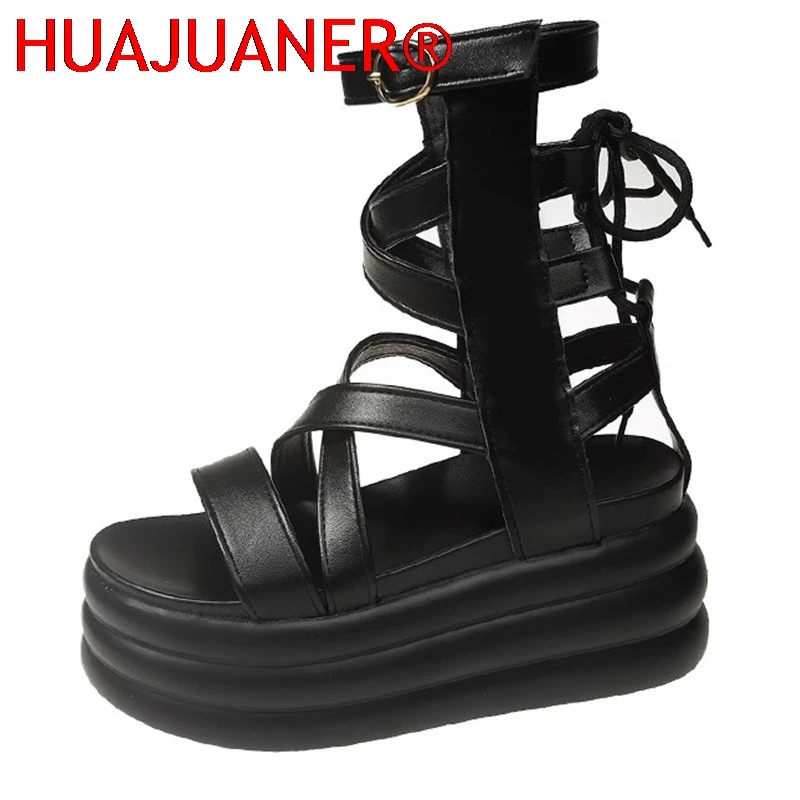 Neue Keilsandalen für Damen, 8CM Hohe Absätze, Gothic-Punk-Stil mit Gürtelschnalle, Seitlicher Reißverschluss, Modische Schuhe, Damen-Plateau-Stiefel mit Ausschnitten