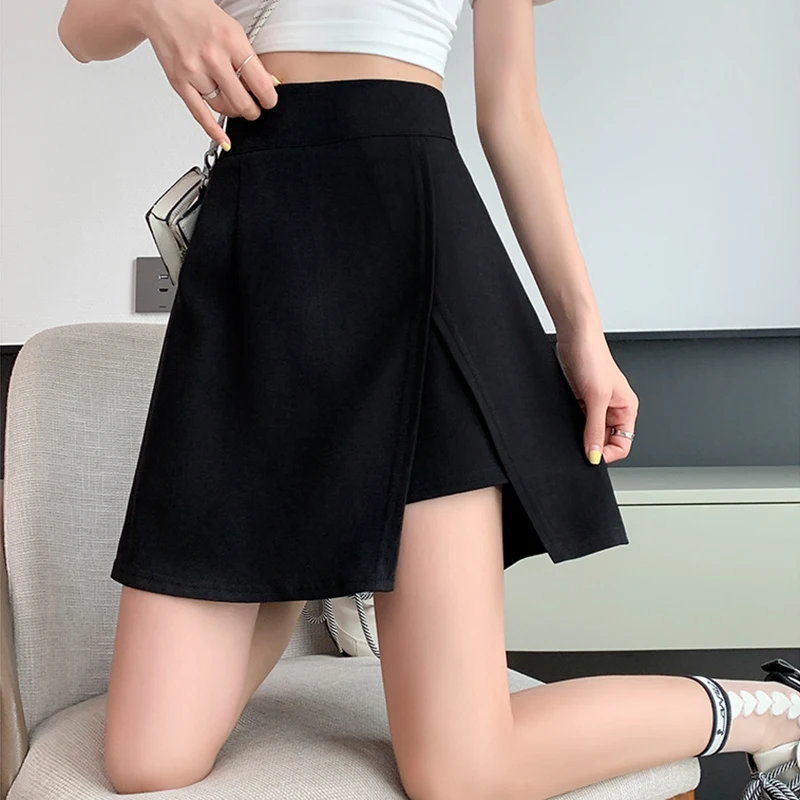 Übergröße Schwarzer Unregelmäßiger A-Linien Damenrock Sommer Sexy Geschlitzter Bodycon Minirock Streetwear Reißverschluss Hohe Taille Kurze Röcke Image