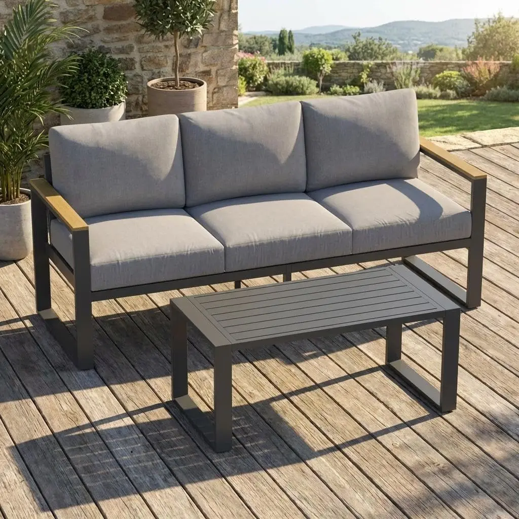 Aluminium-Gartenmöbel-Set: 2 Outdoor-Stühle mit Fußhockern & Beige Kissen, Aluminiumrahmen-Sitzgruppe für Balkon, Terrasse, Garten & Außenbereich, Robuste Allwetter-Premium-Außendekoration, 2er-Set,