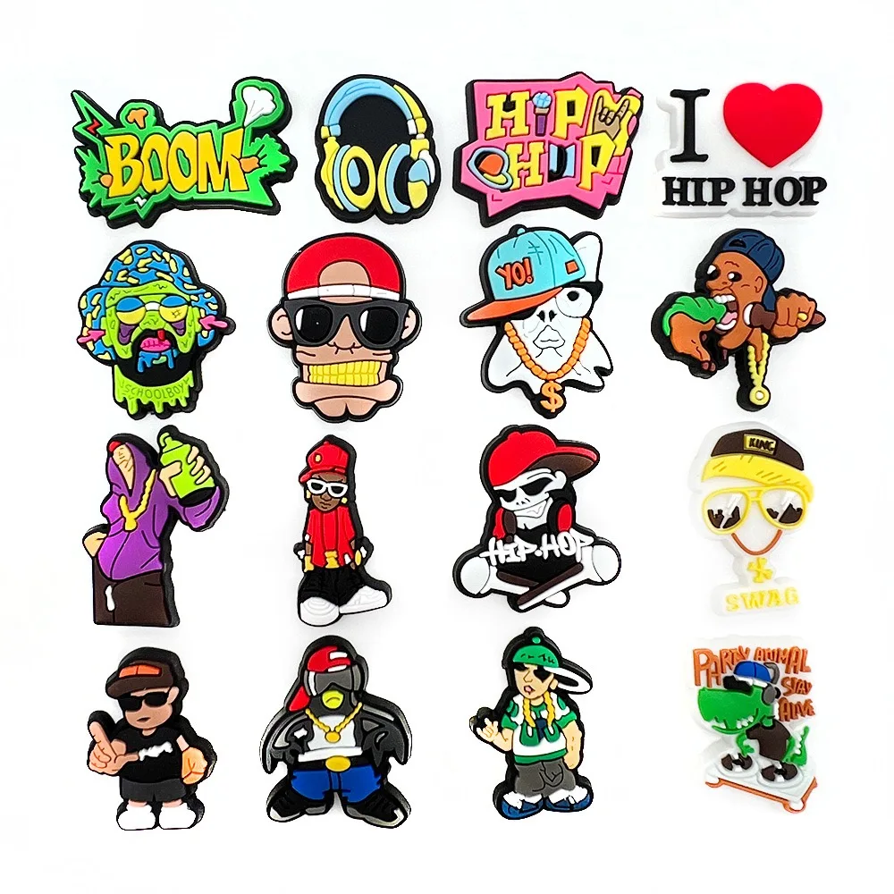 16 Stück Hip-Hop-Rock-Schuh-Charms aus PVC, Schuhzubehör, Dekoration, Schnalle, passend für Slides, Clogs, Sandalen, Armbänder