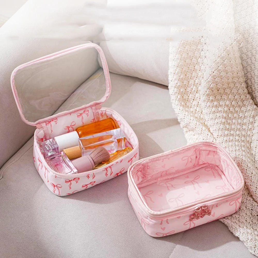 Transparente PVC-Kosmetiktasche mit Schleifenmuster, Wasserdicht, Große Kapazität, Tragbare Reise-Toilettentasche, Niedliche Make-up-Tasche für Frauen Image