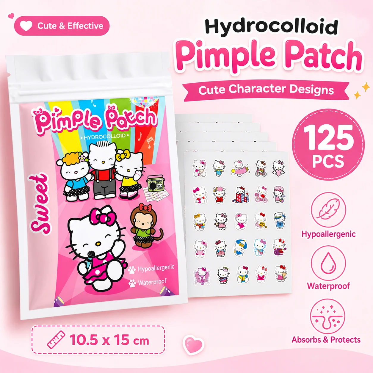 Hello Kitty Niedliche Pickelpflaster, 125 Stück Hydrokolloid-Akne-Pflaster, 25 Lustige Designs, Sanft, Wasserdicht, Hautfreundlich
