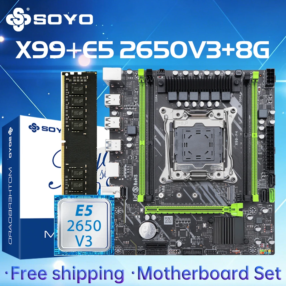 SOYO X99 TPM2.0 Motherboard-Set mit LGA2011-3 CPU E5-2650 V3 DDR4 8 GB*1 2133 MHz Speicher M.2 SATA3.0 USB3.0 Computerkomponenten Image