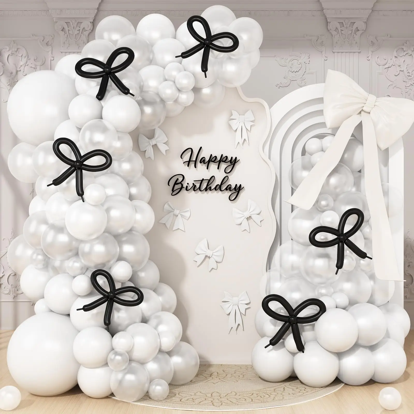 135-teiliges Schwarz-Weißes Schleifenballon-Girlanden-Set Coquette Geburtstag Hochzeit Babyparty Junggesellinnenabschied Brautparty Dekorationen Image