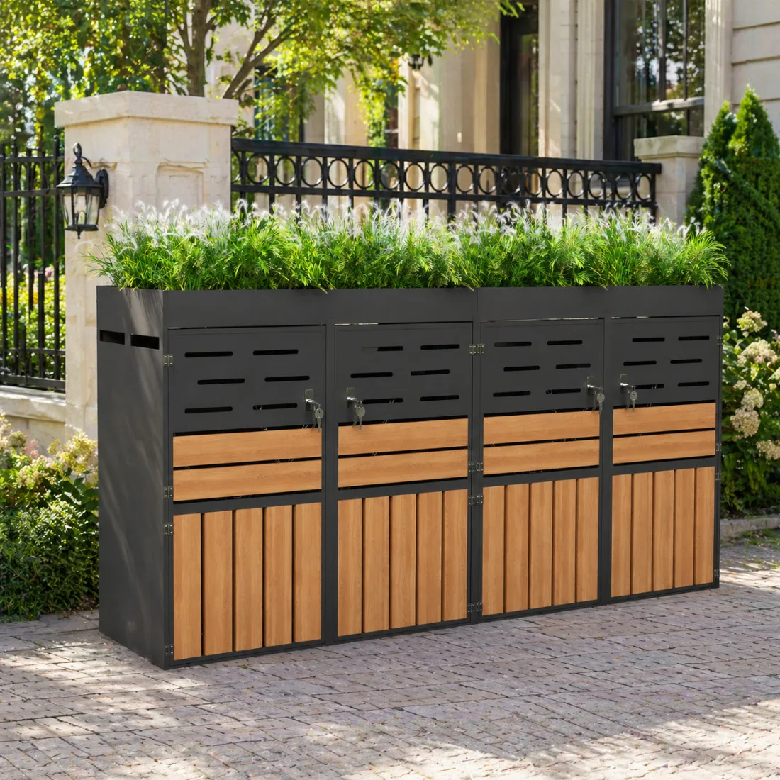 Multifunktionaler Outdoor-Schrank mit integriertem Pflanzkasten, Lattenbelüftung, 4 separaten Fächern – Verzinkter Stahlrahmen & Sicherheitskette für Aufbewahrung & Gartendekoration (Mülleimer nicht Image
