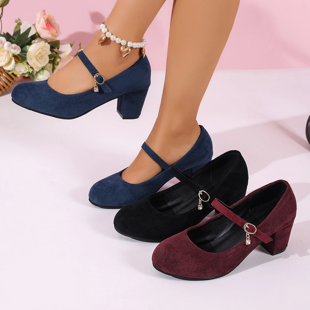 Damen High Heels Mary Jane Schuhe mit Riemen Schwarz Party Hochzeit Büroschuhe Elegante Bequeme Große Größen Pumps