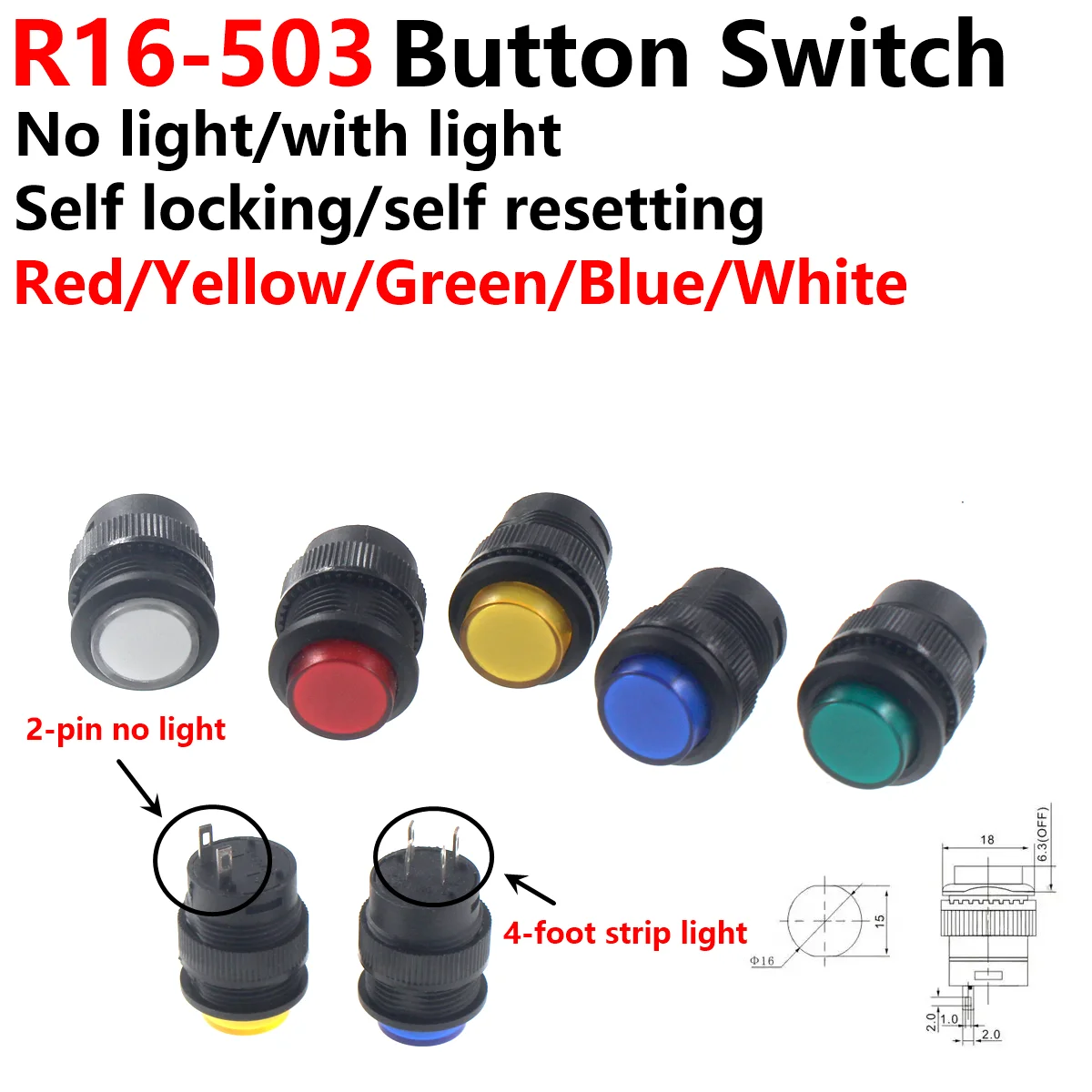 10 Stück R16 Netzschalter-Taste R16-503 Blau Gelb Weiß LED R16-503B R16-503A Verriegelungs-Reset-Taste 2P 4P Selbstverriegelnd Ohne Verriegelung Reset Image