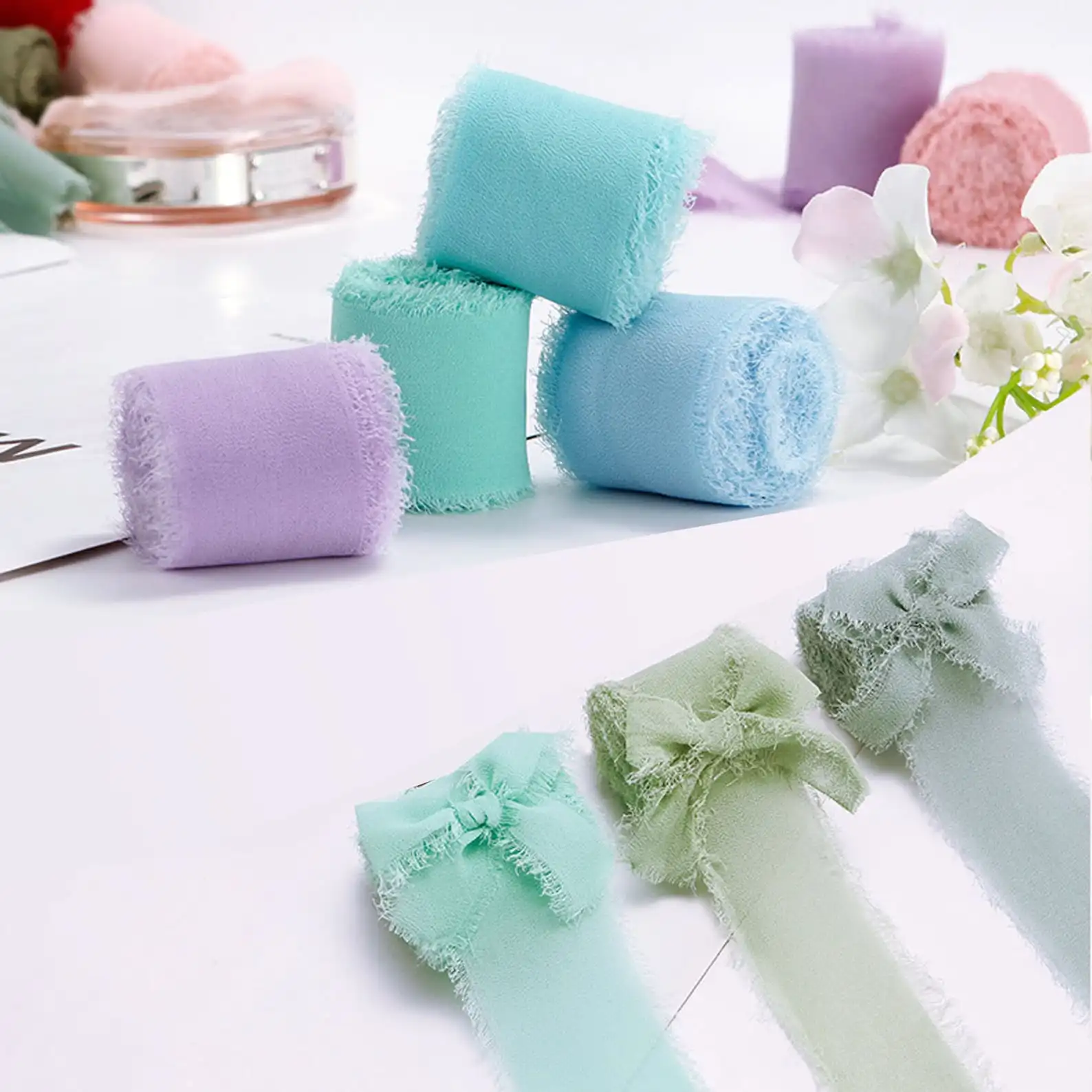 DIY umrandete Chiffon-Seidenbänder, Hochzeitseinladung, Blumenstrauß, Stoff, 4 cm x 5 m, Weihnachtsdekoration, Geschenkverpackung Image
