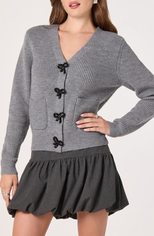 Crystal Embellished Bow Detail Cardigan - Gray - Astr Knitwear