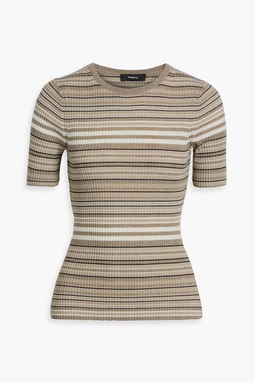 Striped Ribbed Merino Wool Top - Natural - Theory Tops