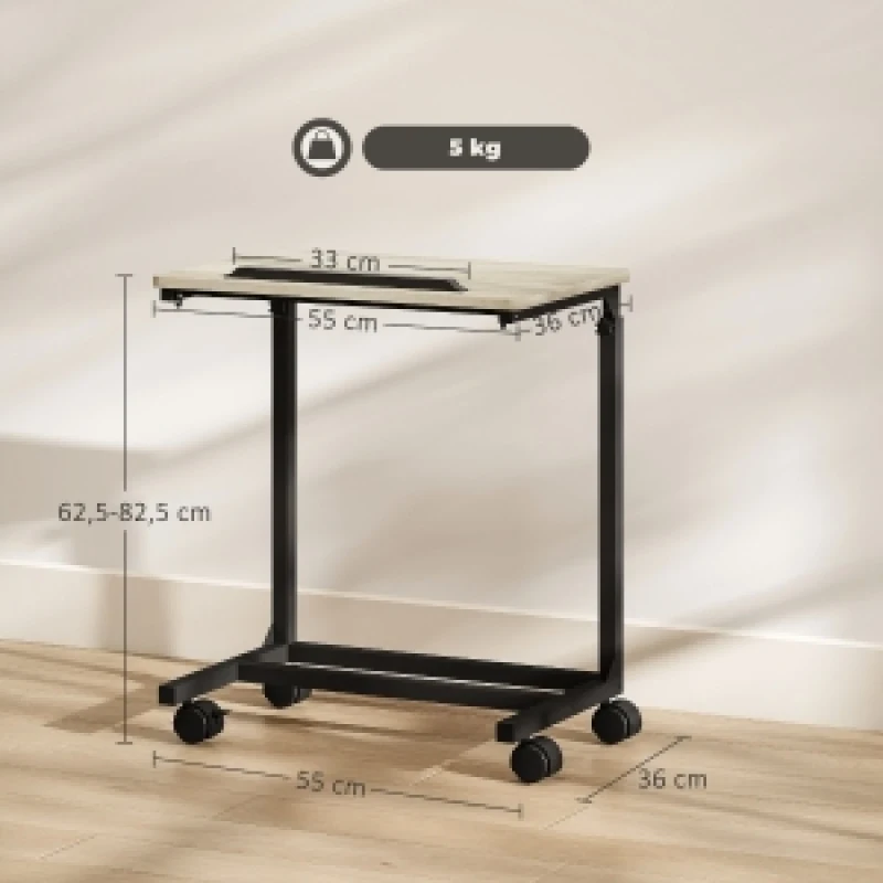 C-förmiger Beistelltisch, höhenverstellbarer Couchtisch mit Rollen, Sofatisch, Laptoptisch für kleine Räume, Wohnzimmer, 55 x 36 x 62,5–82,5 cm, Weiß