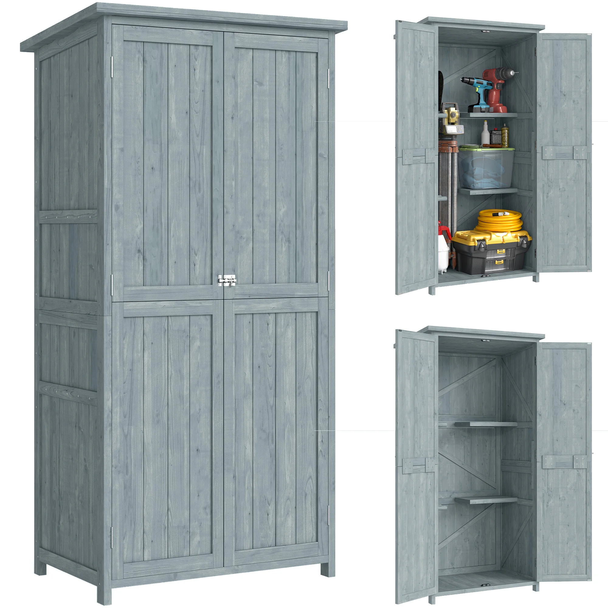 Holz-Gartenschrank 85x54x170cm Wetterfester Outdoor-Geräteschuppen Doppeltüren Magnetverschluss 2 Regale 10 Haken Bitumendach