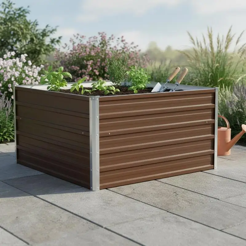 Brauner Verzinkter Stahl-Pflanzkasten 100x100x45 cm Großer Metall-Blumenkasten Robuster Outdoor-Gartenbehälter für Gemüse und Pflanzen Rustikaler Rechteckiger Behälter Image