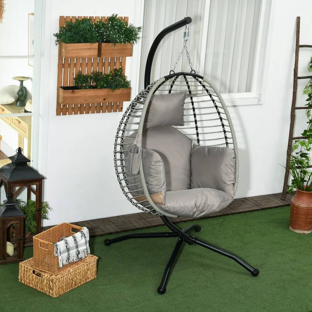 Robuster Hängesessel mit 120kg Tragkraft, Metallrahmen, klappbarer Eierstuhl, Outdoor C-Stand Hängesessel mit abnehmbarem Kissen für Garten und Balkon Image