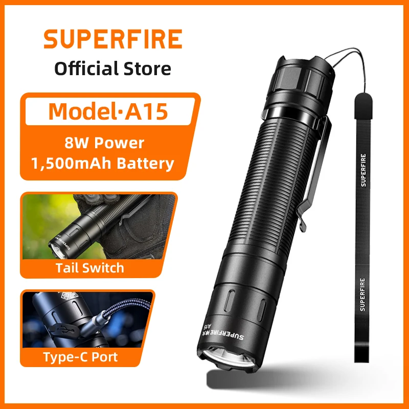 SUPERFIRE A15 Mini-EDC-Taschenlampe, superhelle LED-Taschenlampe, USB-C, wiederaufladbar, 18650, für Camping, Outdoor, Notbeleuchtung, Laterne Image