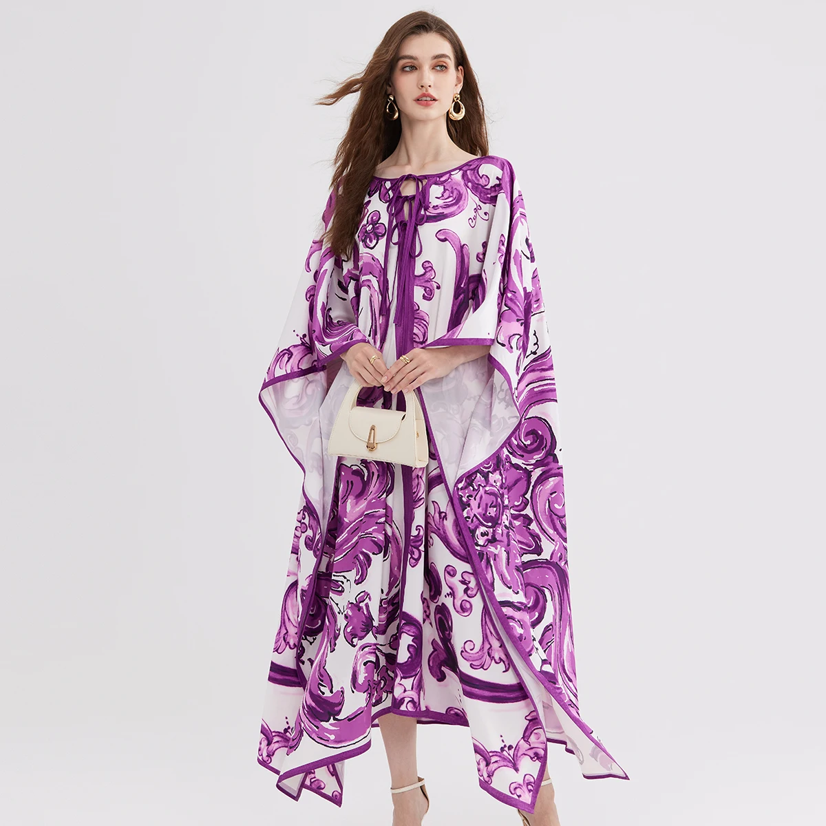 Lila Blau Und Weiß Porzellan Druck Urlaub Unregelmäßige Kleider Sommer frauen Fliege Vintage Böhmen Lose Lange Robe Vestidos