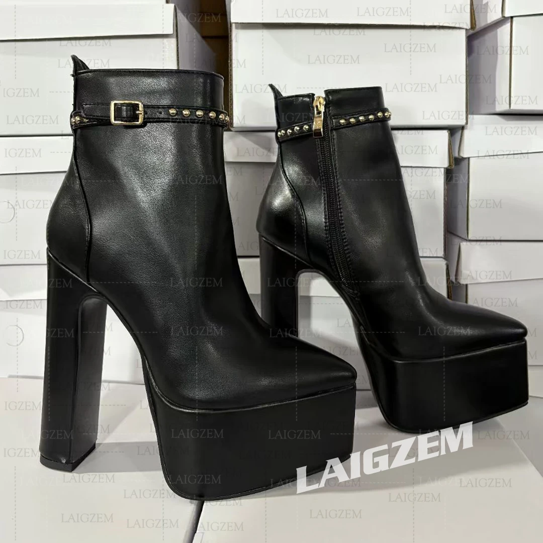 LAIGZEM Damen-Knöchelstiefel mit Plateau, spitzer Zehenbereich, dicke Absätze, Nietenstiefel, handgefertigte Damenschuhe, große Größe 39 41 43