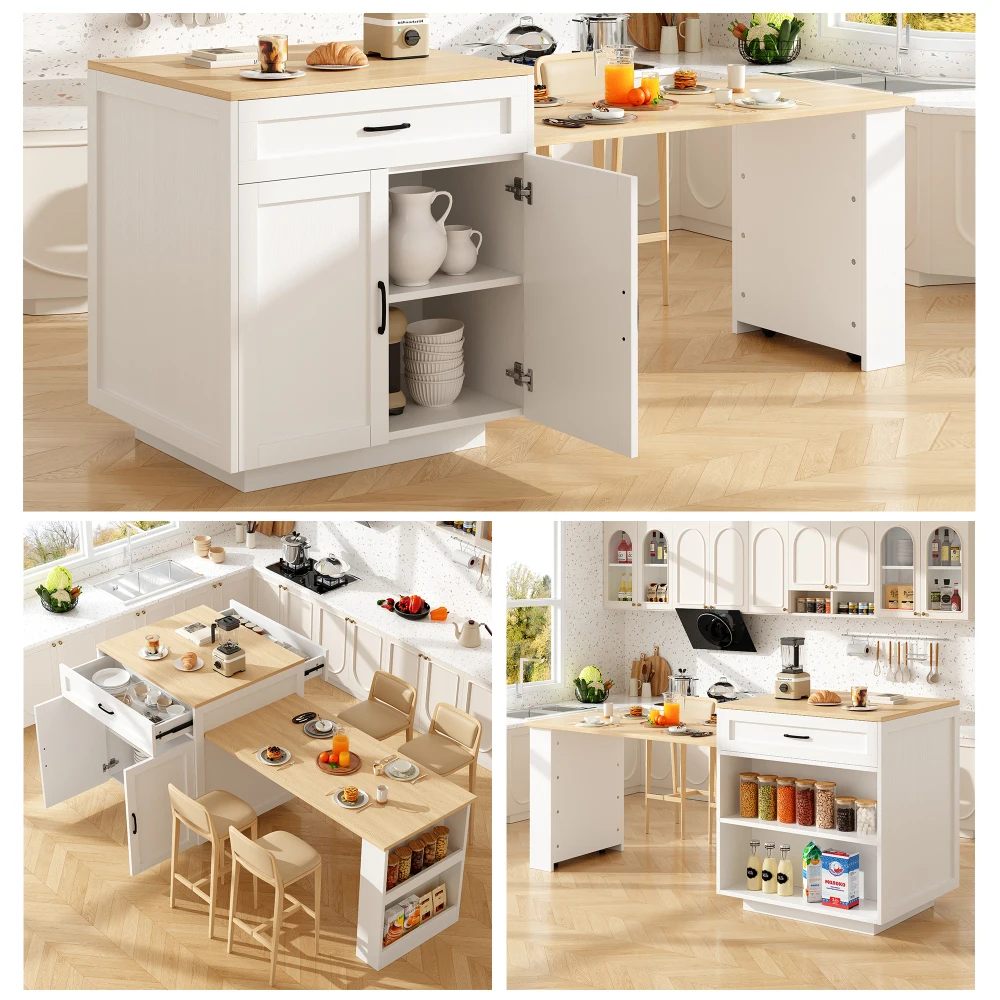 Ausziehbarer Stehtisch mit Stauraum (133-202×70×93,5cm), mit 2 Schubladen und 2 Fächern, Kücheninsel-Ausziehtisch für 2-6 Personen, Küchen-Esswagen mit Seitenablagen, weiß