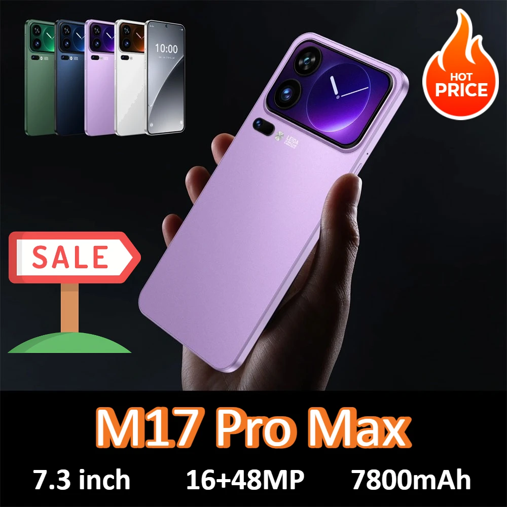 Mobiltelefone M17 Pro Max Smartphone Android Smartphone 4G 5G Handy 7,3 Zoll 16+48MP Kamera 22GB+2TB 7800mAh Akku Werkseitig entsperrt