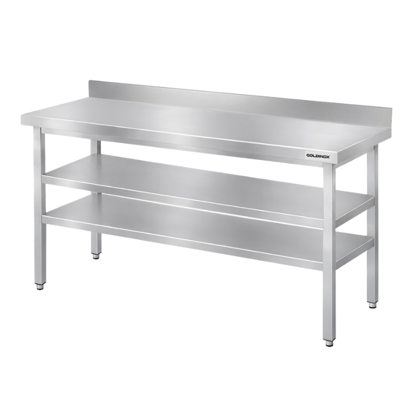 Edelstahl-Arbeitstisch Bar 1500x800 mm mit 2 unteren Ablagen und Aufkantung PREMIUM - GOLDINOX Image