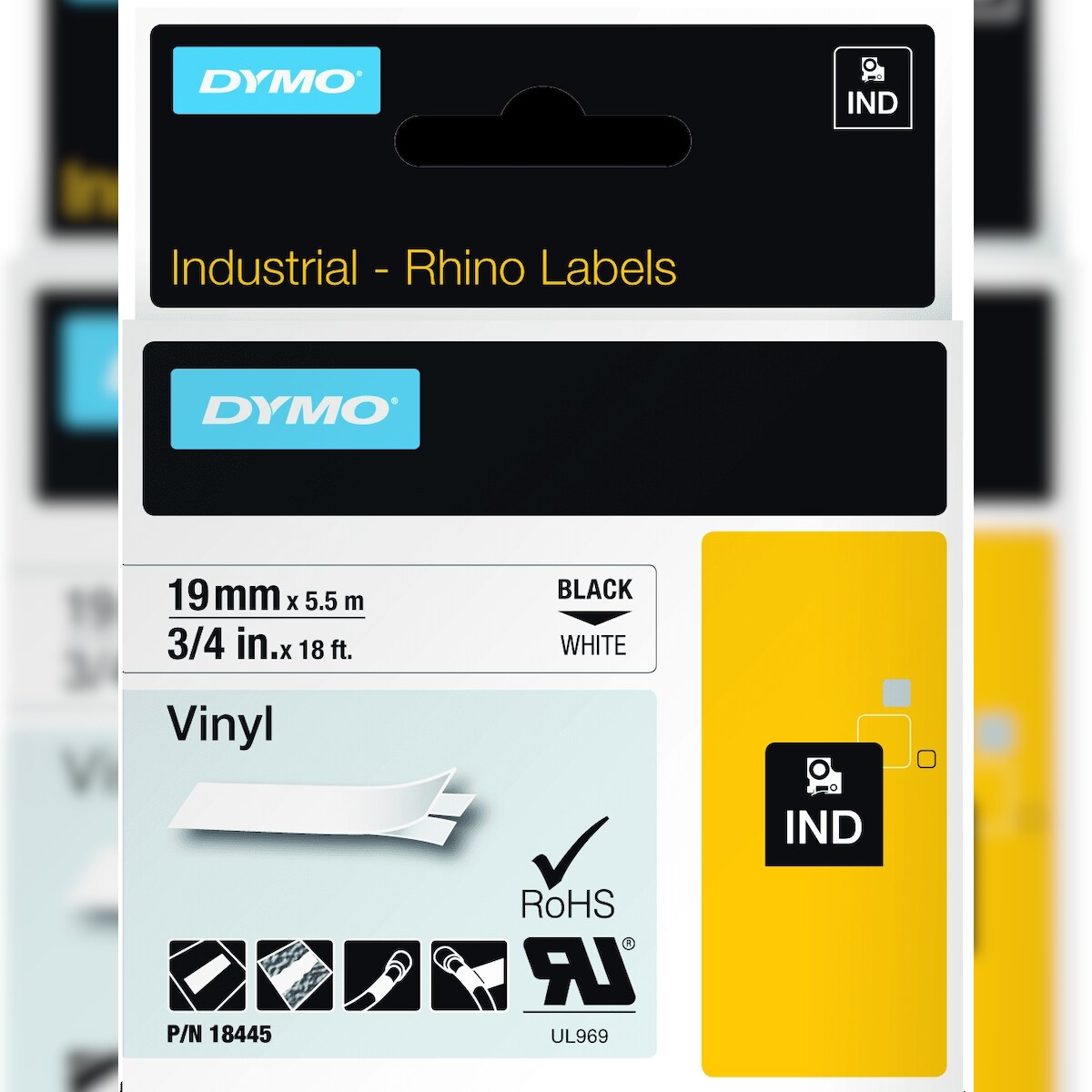 DYMO Beschriftungsband für Rhino 19mm Vinyl schwarz auf weiß Image