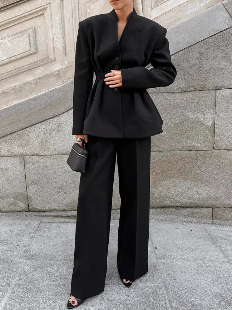 Elegantes Blazer-Hosen-Set für Damen Einfarbiger V-Ausschnitt Langarm-Knopfjacke Weite Hose Frühjahr Neue Mode Büro-Damen-Outfits Image