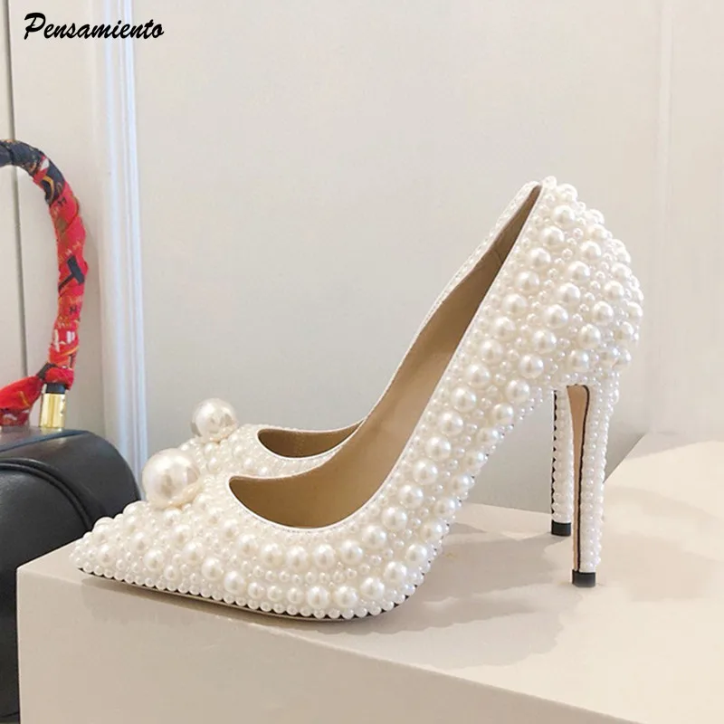 Luxus Alle Perals Dekoration Weiß Frauen Pumpen Mode Frühling Herbst Elegante 11CM Dünne High Heels Hochzeit Braut Prom Schuhe Image