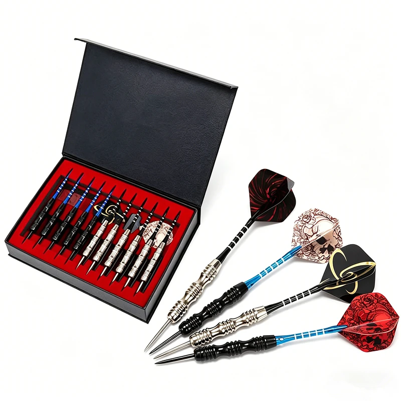 Dart 12 Stück/Set Profi-Metall-Dartpfeile mit Stahlspitzen, Eisenkappen, Aluminium-Dartstiel, Extra Flugdarts, Schärfer und Schleifstein-Box Image