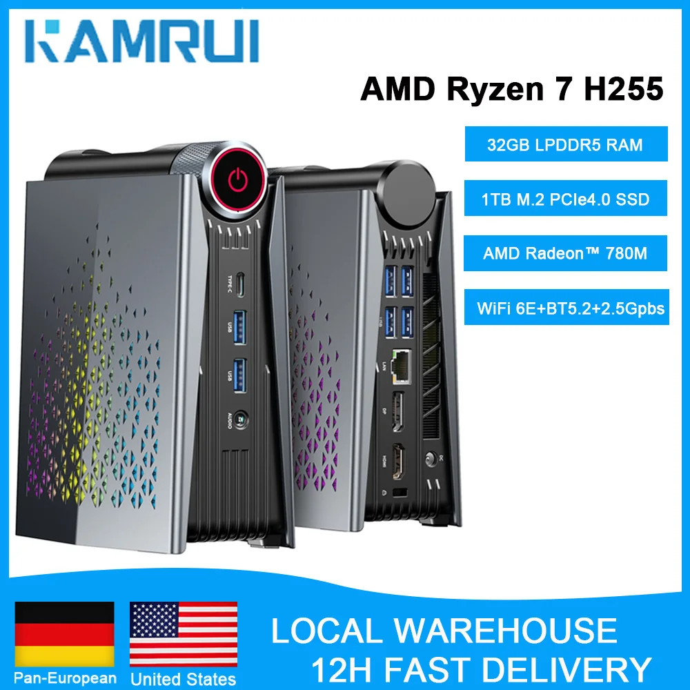 KAMRUI Mini Gaming-PC AMD Ryzen7 H255 32GB LPDDR5 1TB M.2 PCIe SSD Wifi6E BT5.2 2.5GLAN Radeon 780M 8K Win11pro Desktop-Computer
