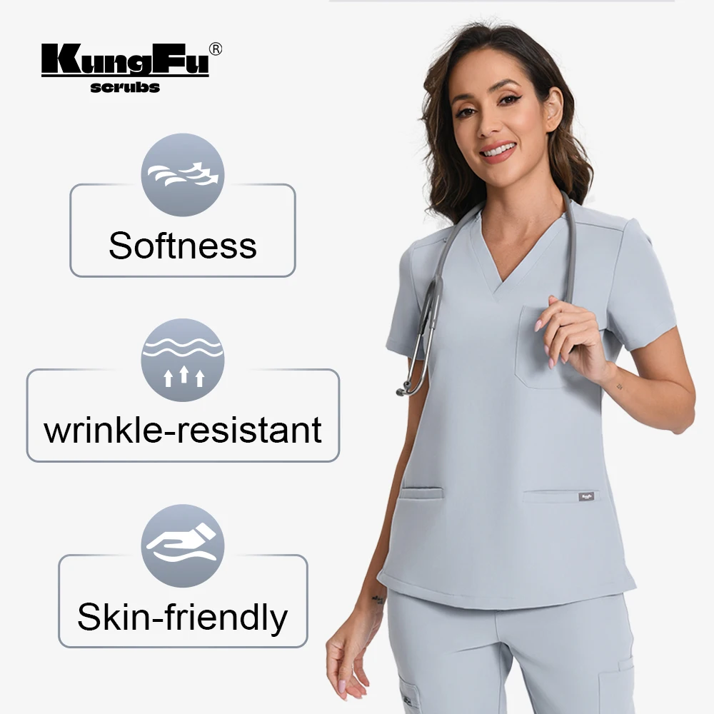 KUNGFU SCRUBS Damen-Krankenschwester-Set, weiche medizinische Uniform, knitterfrei, atmungsaktiv, OP-Kittel für Klinik, Krankenhaus, Arbeitskleidung, 2-teilig Image
