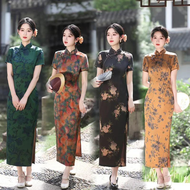 Chinesischer Stil Damen Qipao Chinesisches Kleid Vintage Mandarin-Kragen Bedrucktes Cheongsam Elegantes Sexy Langes Kleid Performance-Kostüm Image