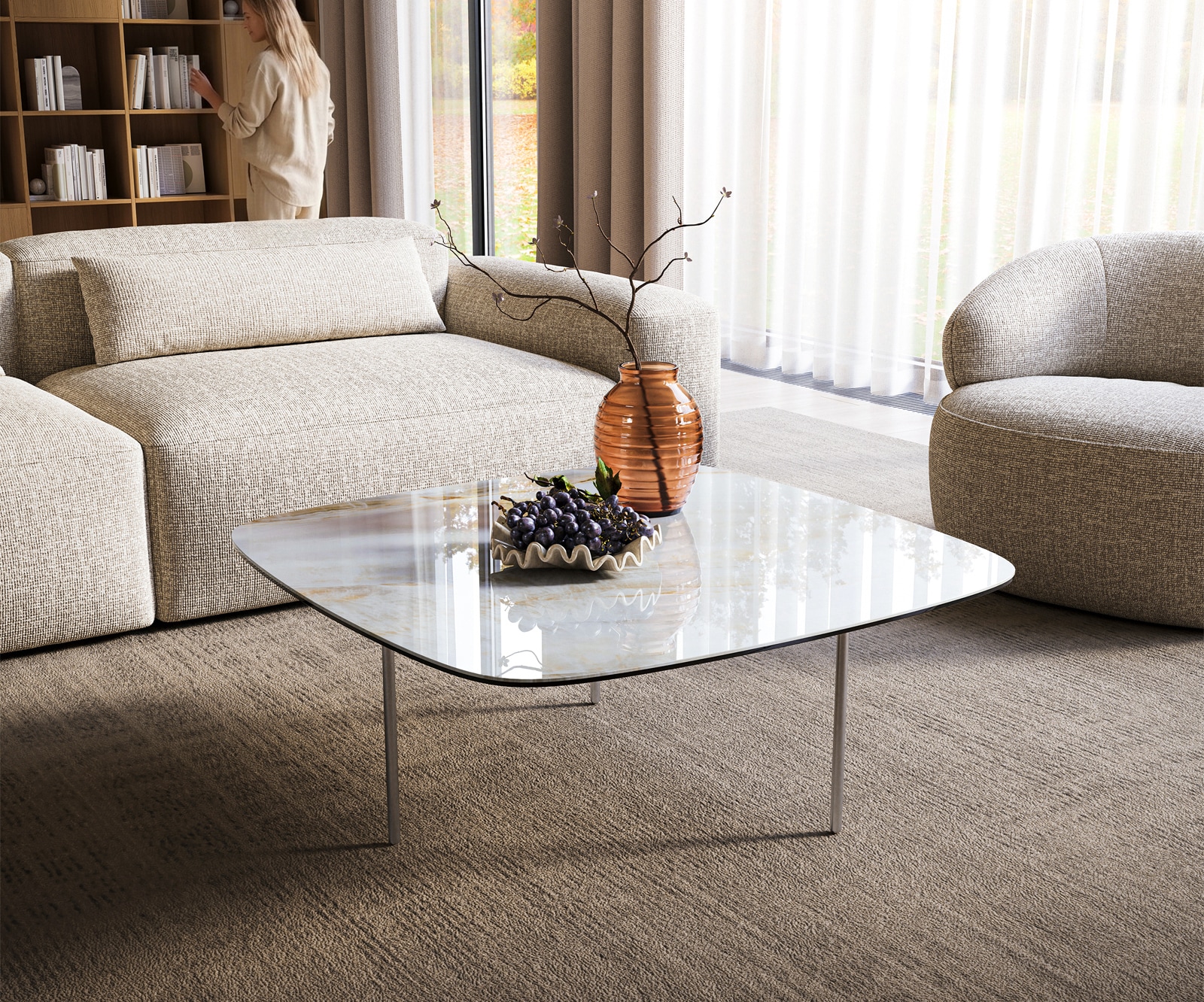DELIFE Couchtisch Edge Boot 90x90 cm Keramik Onyx Pearl Trive Edelstahl gebürstet, Couchtische Image