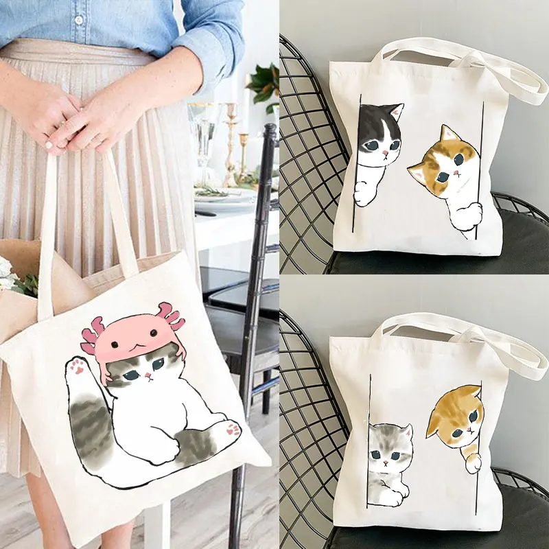 Nette Katze Taschen Große Kapazität Harajuku Cartoon Vintage Hip Hop Einkaufstasche Leinwand Tasche Lustige frauen Schulter Taschen Kawaii mädchen
