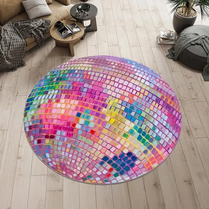 Disco Glas Ball Runde Teppich Bunte Mosaik Teppich Wohnzimmer Teppich Schlafzimmer Teppich Ästhetische Teppich Hause Dekoration Image