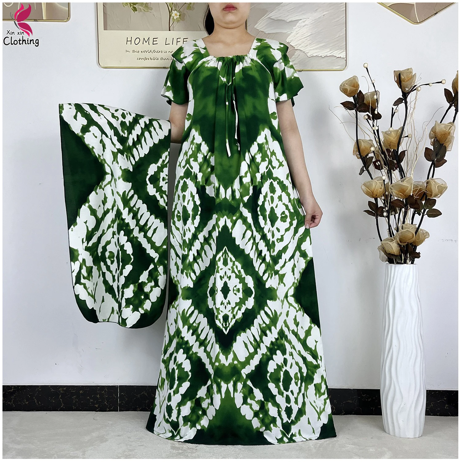 Neues Elegantes Muslimisches Kleid Batik-Druck Bootsausschnitt Kurzarm Baumwolle Damen Abaya Boho Maxikleid Freizeitkleid Afrikanische Abaya-Kleidung