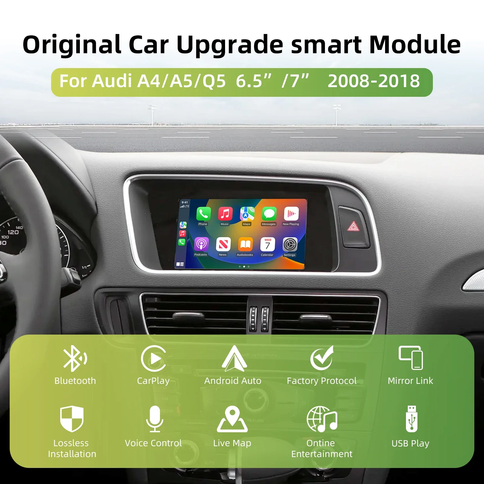 Kabelloser CarPlay & Android Auto Decoder für Audi A4 A5 Q5 2008-2018 – MMI 3G 6,5"/7" Bildschirm, OEM-Bildschirm-Upgrade, Plug & Play Image