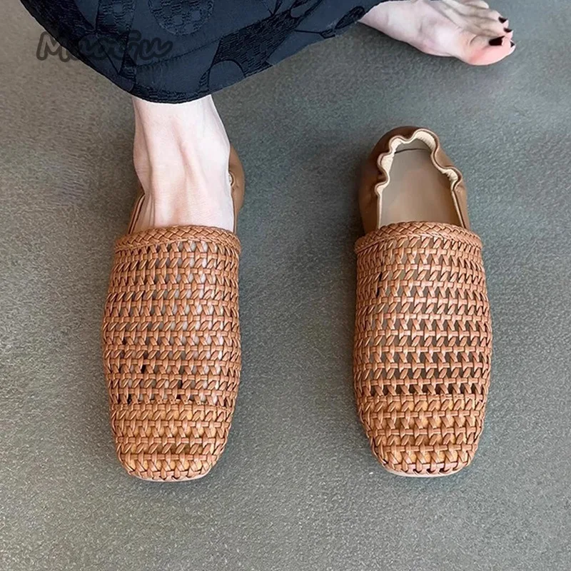 Damen-Sommer-Slipper mit weicher Sohle, hohl, atmungsaktiv, quadratische Zehen, niedriger Absatz, Sandalen, Größe 35 40, Büro-Damenschuhe, Alias