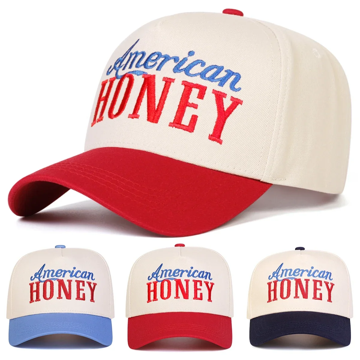 Unisex AMERICAN HONEY Baseballkappen mit Buchstabenstickerei, Frühling und Herbst, verstellbare Freizeithüte für den Außenbereich, Sonnenschutzhut, Sportkappe Image