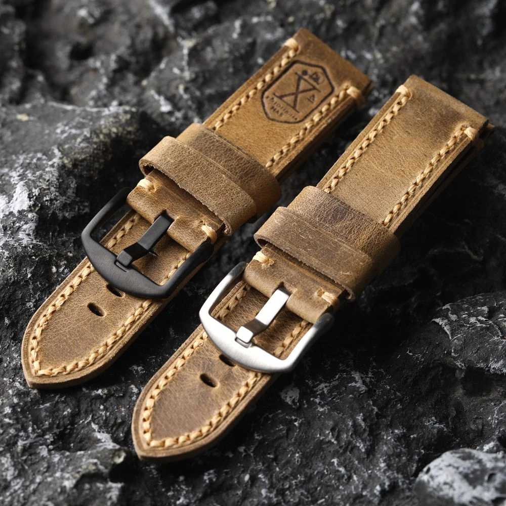Handgefertigtes deutsches Kopf-Rindslederarmband, 20 21 22 23 24 26 mm Vintage gefaltetes Herren-Armband aus echtem Leder im Vintage-Stil Image