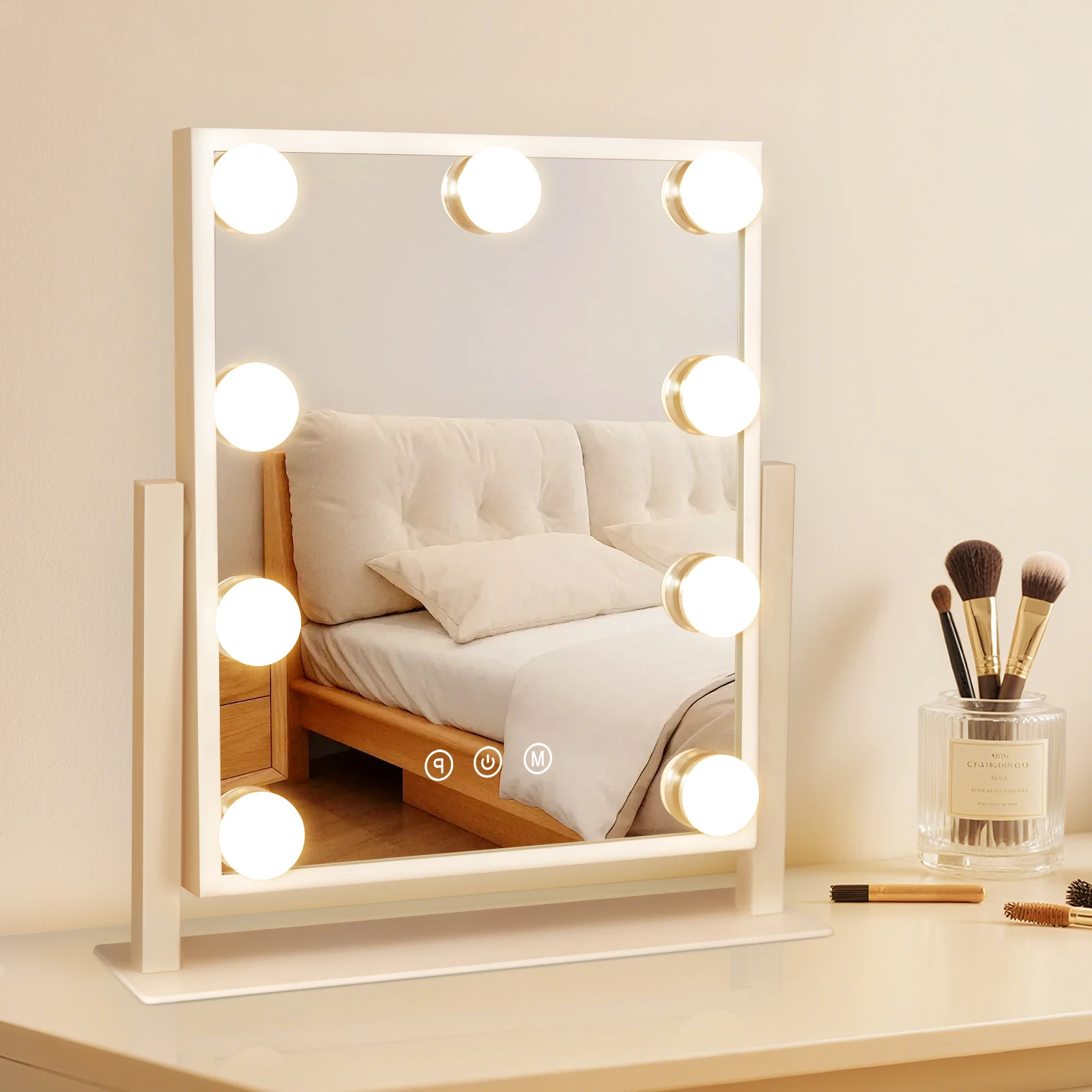 Hollywood Schminkspiegel mit Licht 9 LED Make-up Tischspiegel 360° Drehbar 3 Farbtemperaturen 3000K-6500K Dimmbar Smart Touch Memory Funktion Kosmetikspiegel Metallbasis Wandmontage Schminktisch