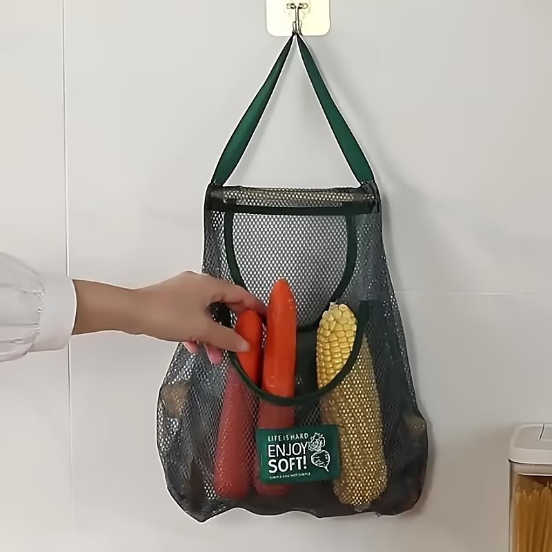 Space-Saving Hanging Kitchen Storage Bag, Ventilated Mesh Produce Pouch, Portable Handheld Organizer, Sturdy Reusable Net Bag For Storing Fruits, Veggies, Garlic And Ginger, Household Kitchen Storage