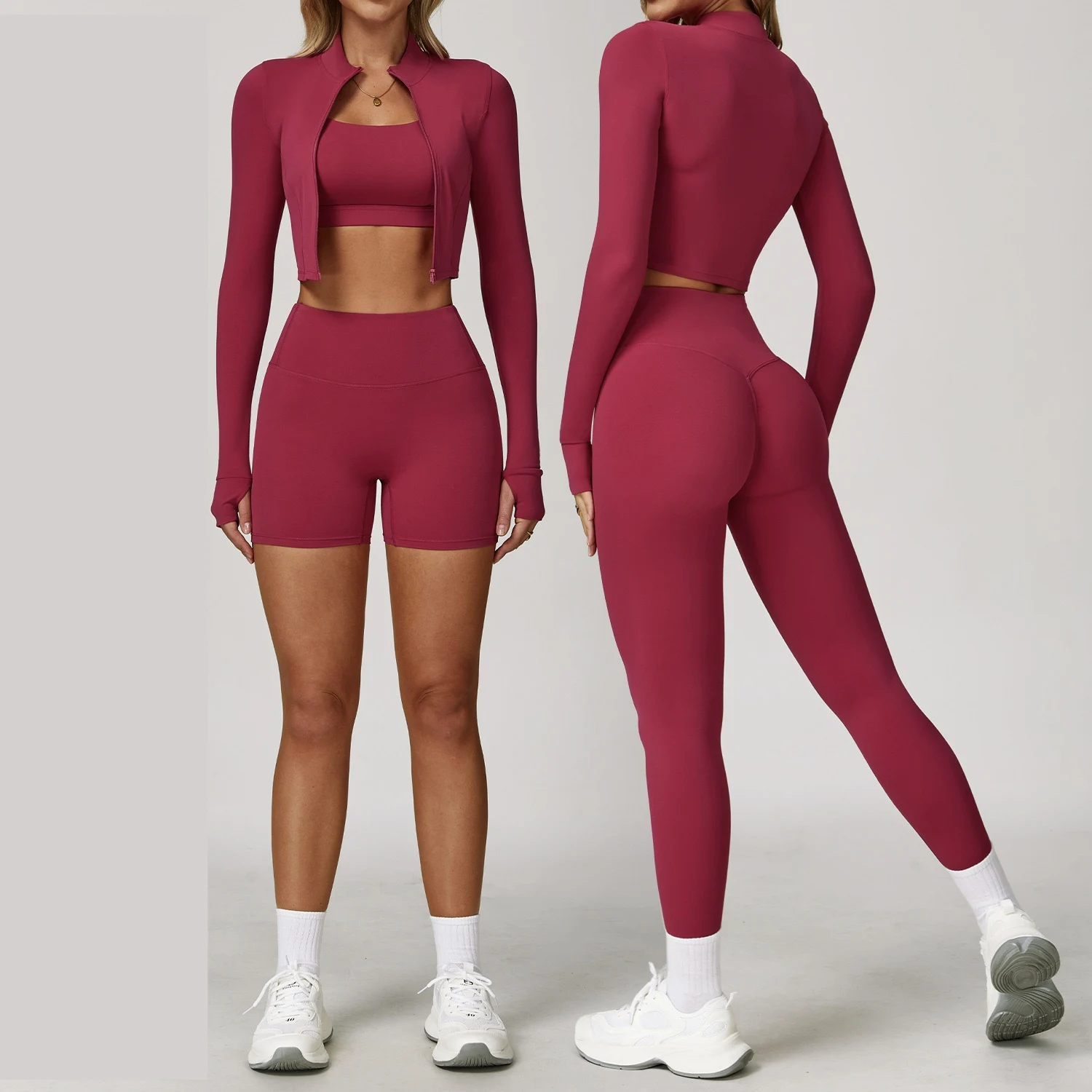 Ensemble de yoga Ningyu Sports 3 pièces, tenue de sport pour femmes, soutien-gorge de sport, leggings de yoga taille haute, vêtements de sport à manches longues pour la salle de sport