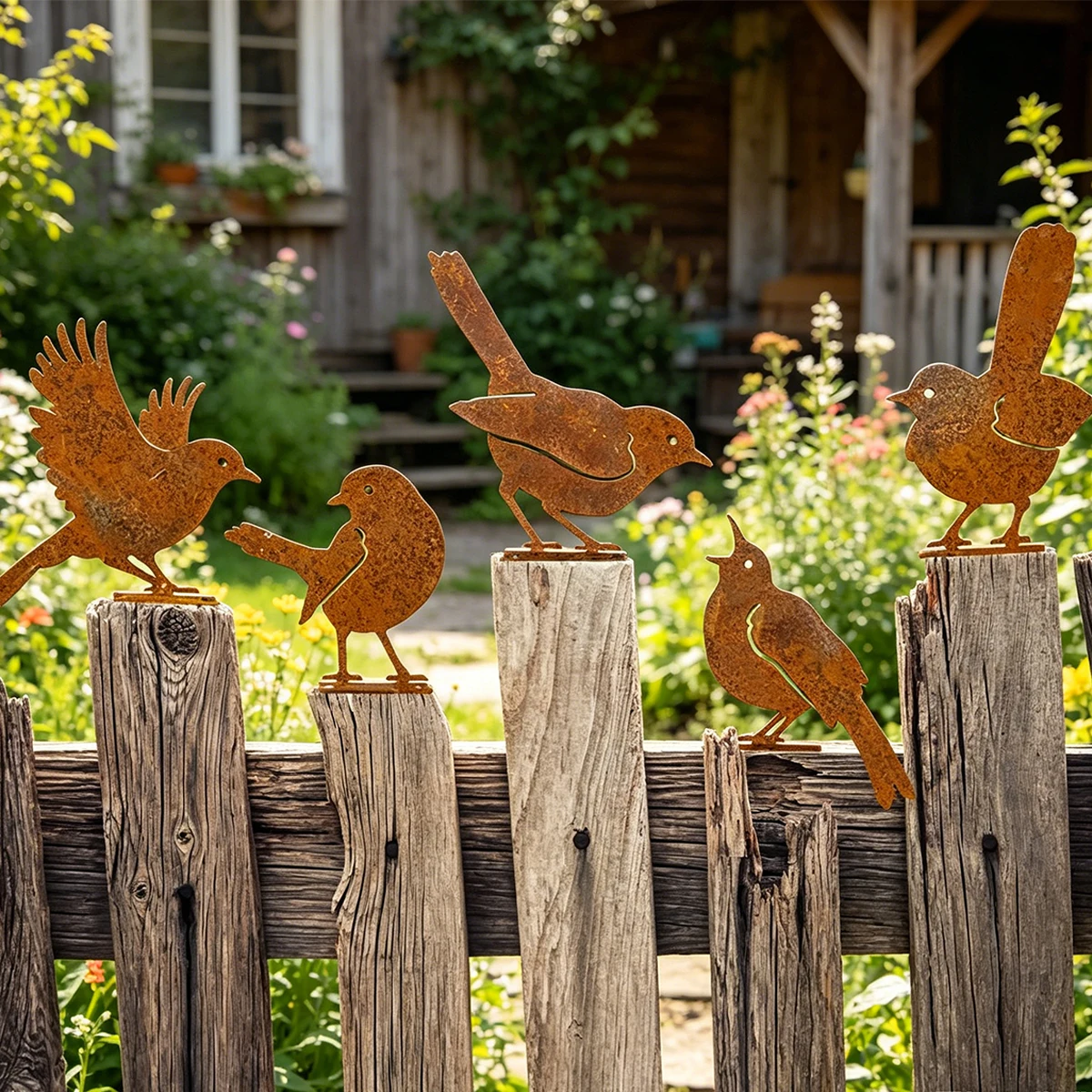 Lot de 5 décorations d'oiseaux rouillés, décor mural extérieur pour oiseaux, décor de jardin en métal, statues artisanales d'oiseaux en métal, sculptures de jardin, art de jardin