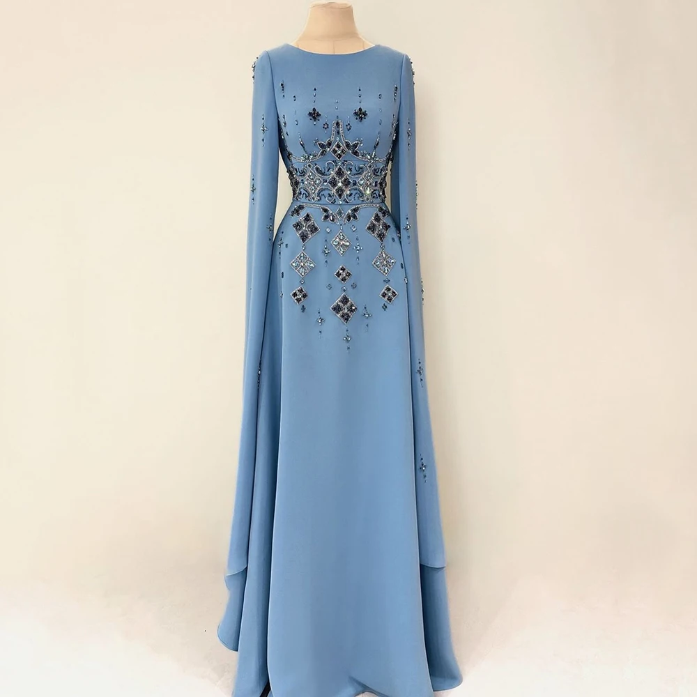 Customized Baby Blue O-neck A-line Jersey Evening Dress Crystal With Zipper Full Sleeves Floor Length Party Prom Gown For Women