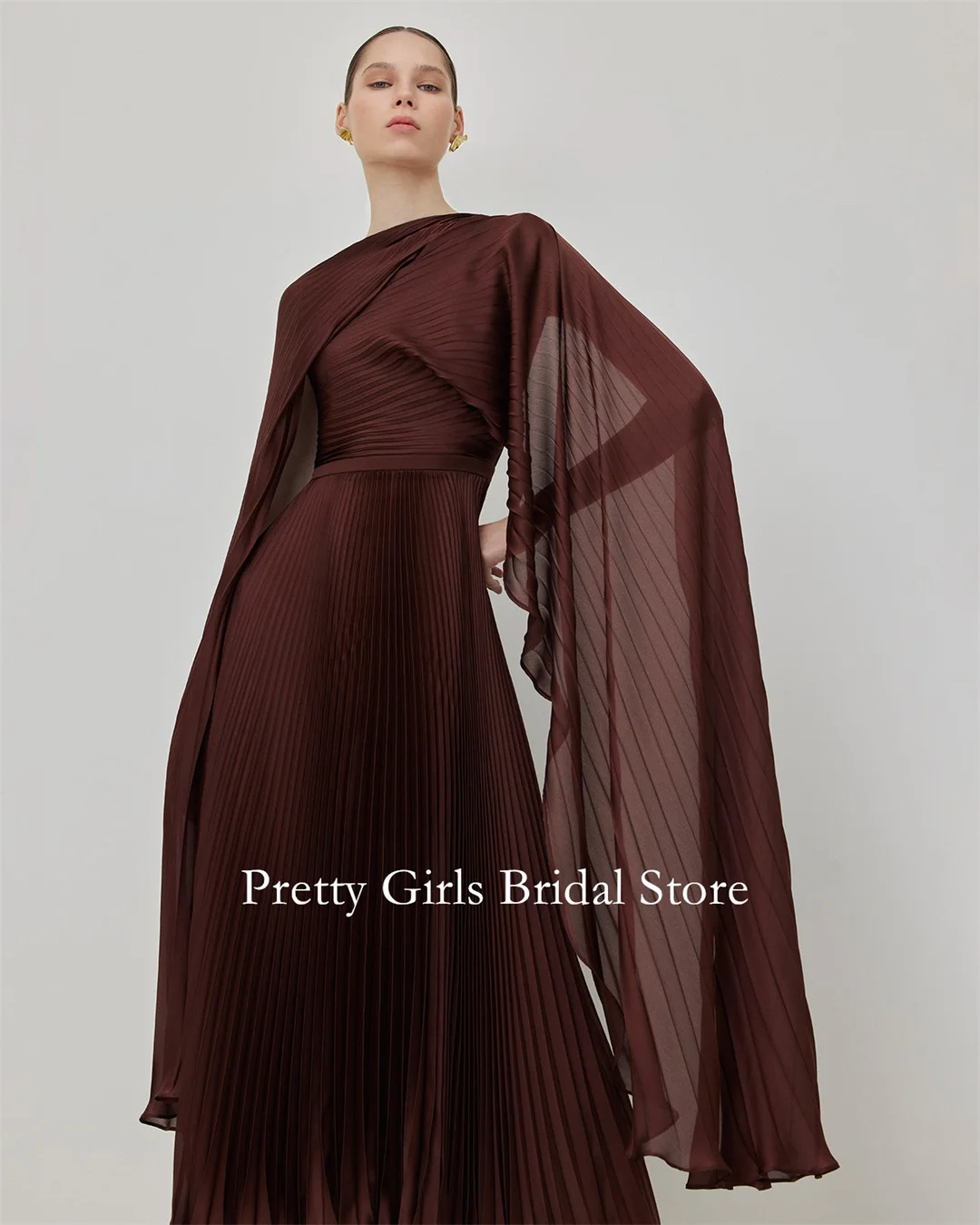2024 Arabic Morden Style Modest Customized Brown Evening Dresses Pleated Chiffon Fashion Formal Prom Growns Party Women Bride